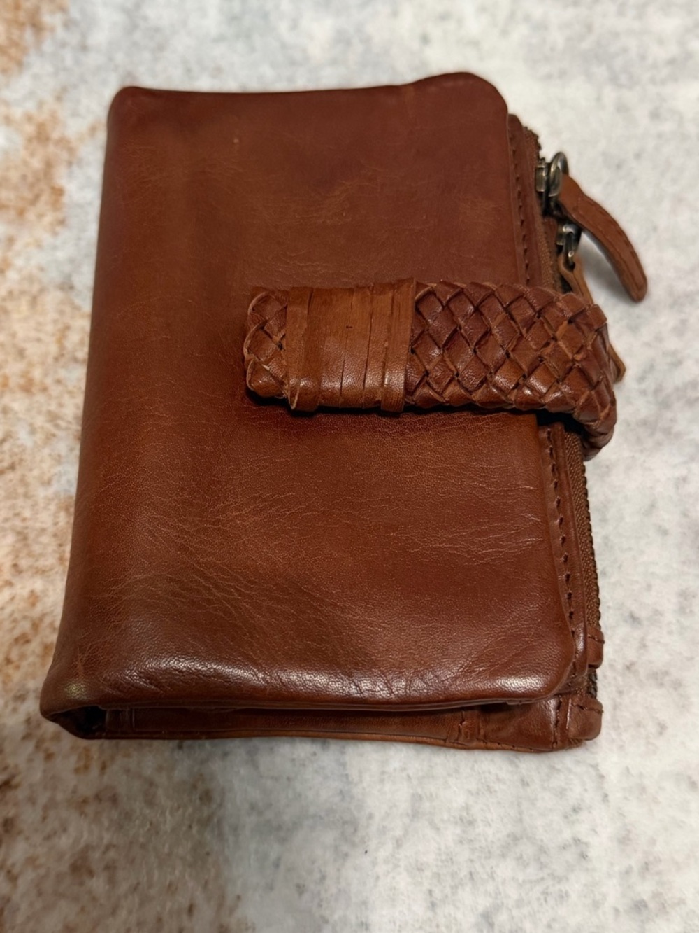 Brown Leather Zip Wallet with Braided Strap